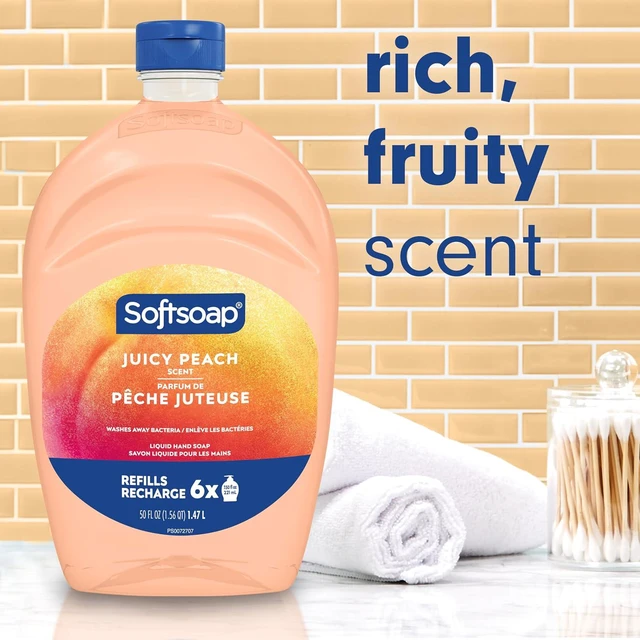 Alt view image 6 of 6 - Softsoap Juicy Peach Liquid Hand Soap, 50 fl oz Refill Bottle, Pack of 2, for Kitchen and Bathroom, Rich Fruity Scent