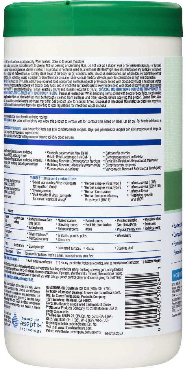 Alt view image 2 of 6 - Clorox Healthcare Hydrogen Peroxide Cleaner Disinfectant Wipes, 6.75"x9", 95Count
