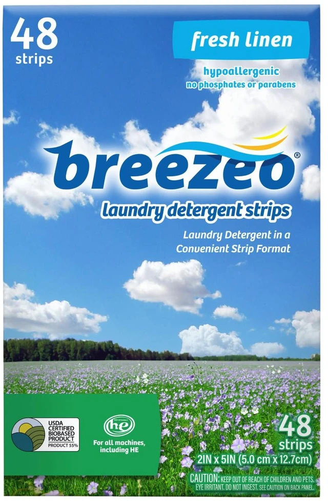 Main image of Breezeo Laundry Detergent Strips 48 Count, Fresh Linen Scent, for Home, Travel, Camping, Hand-Washing