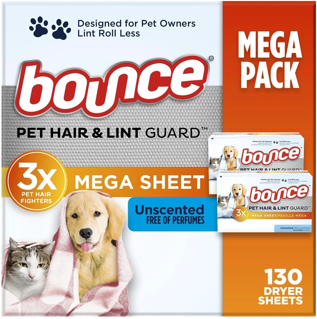 Main image of Bounce Pet Hair & Lint Guard Mega Dryer Sheets, 3X Pet Hair Fighters, Unscented, 130 Count
