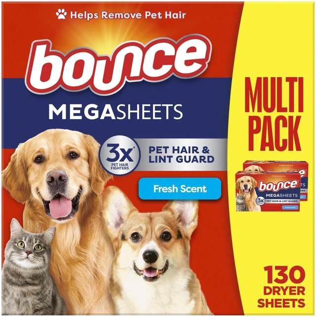 Main image of Bounce Pet Hair and Lint Guard Mega Dryer Sheets, 3X Pet Hair Fighters, Fresh Scent, 130 Count