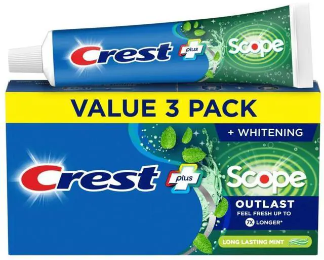 Main image of Crest Complete Whitening + Scope Long Lasting Mint Toothpaste, Triple Pack (3 Tubes of 5.4oz), 16.2oz