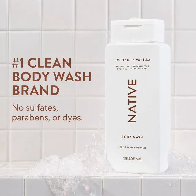 Alt view image 2 of 6 - Native Clean Body Wash, Coconut & Vanilla, 18fl oz, Gentle & pH-Balanced for Sensitive Skin, 24-Hr Freshness, Vegan, Cruelty-Free, Free of Sulfates, Parabens, Phthalates