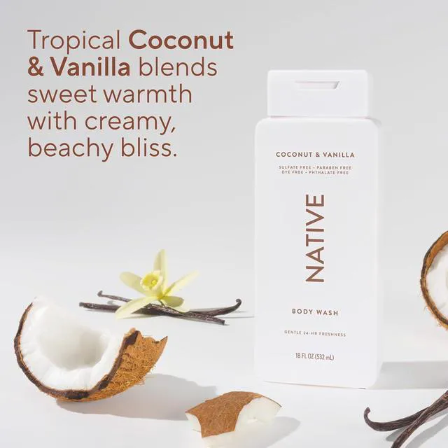 Alt view image 3 of 6 - Native Clean Body Wash, Coconut & Vanilla, 18fl oz, Gentle & pH-Balanced for Sensitive Skin, 24-Hr Freshness, Vegan, Cruelty-Free, Free of Sulfates, Parabens, Phthalates
