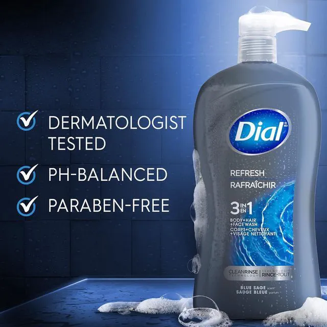 Alt view image 2 of 6 - Dial Men 3-in-1 Body, Hair & Face Wash, 32 Fl Oz, Blue Sage Scent, Deep Cleanse & Gentle on Skin with Clean Rinse Technology