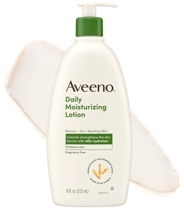 Main image of Aveeno Daily Moisturizing Body Lotion, 18 Fl Oz, Normal to Dry Skin, with Soothing Prebiotic Oat, Non Greasy, Non Comedogenic, Fragrance Free, for Women & Men