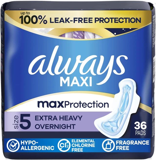 Main image of Always Maxi Overnight Pads with Wings, Size 5, Extra Heavy Overnight Absorbency, Unscented, 36 Count