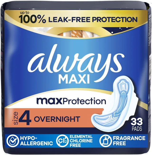 Main image of Always Maxi Overnight Pads with Wings, Size 4, Overnight Absorbency, Unscented, 33 Count for Women