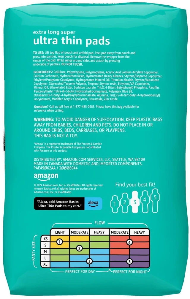 Alt view image 3 of 7 - Amazon Basics Ultra Thin Pads with Flexi-Wings, Extra Long, Super Absorbency, Leak Protection, Unscented, Size 3, 28 Count