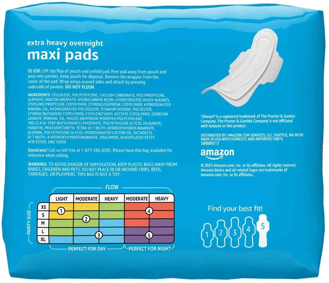 Alt view image 6 of 7 - Amazon Basics Thick Maxi Pads with Wings, Extra Heavy Overnight Absorbency, Unscented, Size 5, 20 Count