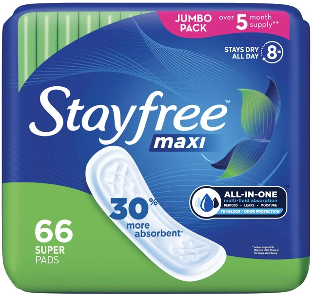 Main image of Stayfree Maxi Super Pads Wingless, Period and Leaks, 66Count