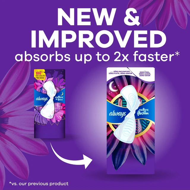 Alt view image 6 of 7 - Always Radiant Feminine Pads, Size 4, Overnight Absorbency, Lightly Scented, Flexfoam Pads with Wings, 28 Count