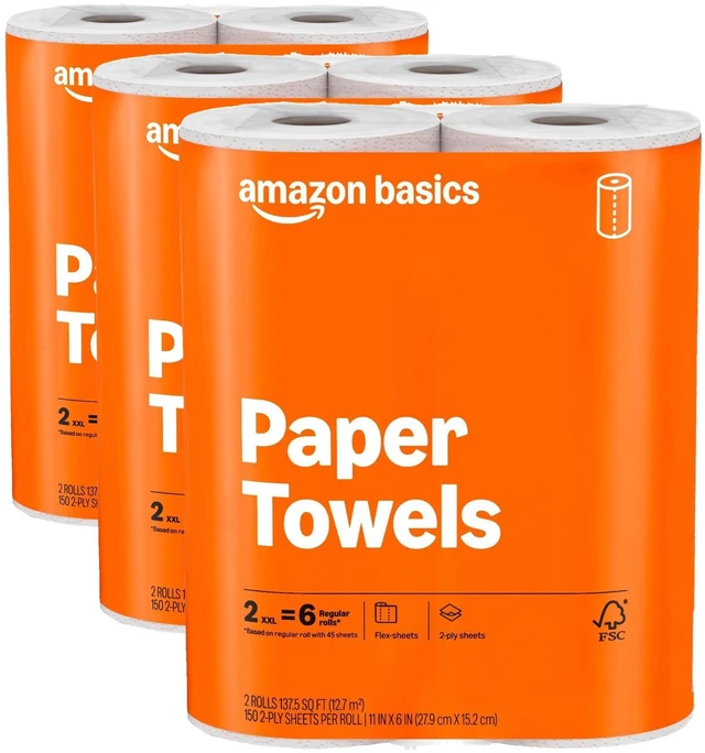 Main image of Amazon Basics 2-Ply Flex-Sheets Paper Towels, 6 Rolls = 20 Regular Rolls, 150 Sheets per Roll, Everyday Value