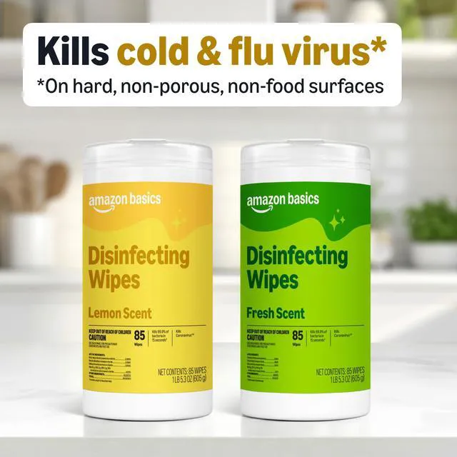 Alt view image 5 of 6 - Amazon Basics Disinfecting Wipes, 255 Count (3 Packs of 85), Lemon & Fresh Scent, Sanitizes, Cleans, Disinfects & Deodorizes