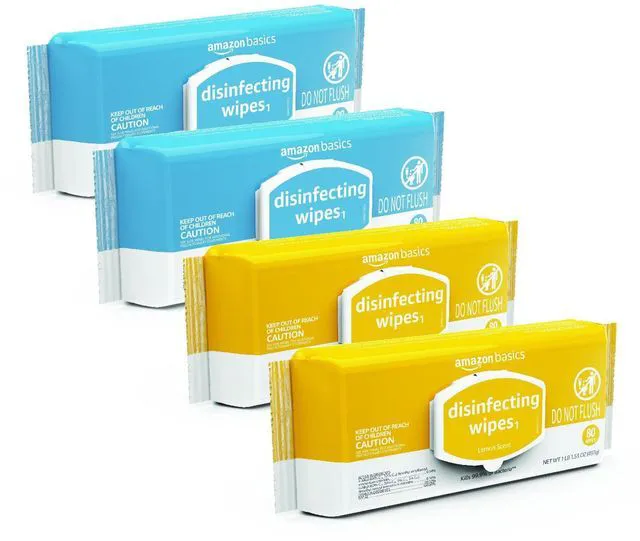 Main image of Amazon Basics Disinfecting Wipes, Lemon & Fresh Air Scent, Multi-Surface, Sanitizes, Cleans, Disinfects, Deodorizes, 320 Count (4 Packs of 80)