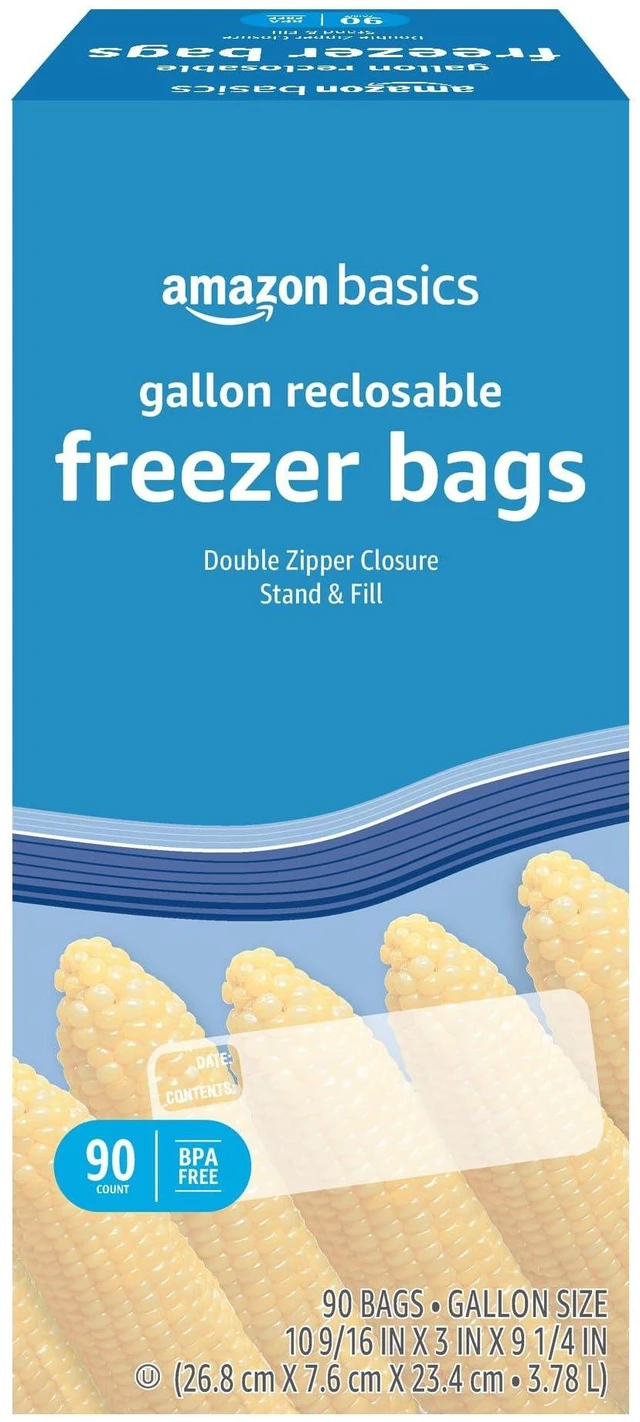 Main image of Amazon Basics Reclosable Freezer Bags, Gallon Size, Double Zipper Seal, Stand-Up Bottom, BPA Free, 90 Count