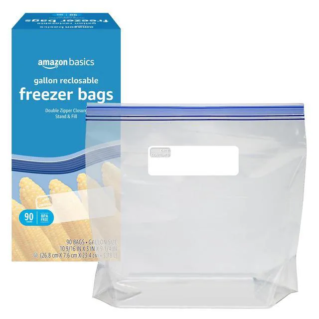 Alt view image 3 of 6 - Amazon Basics Reclosable Freezer Bags, Gallon Size, Double Zipper Seal, Stand-Up Bottom, BPA Free, 90 Count