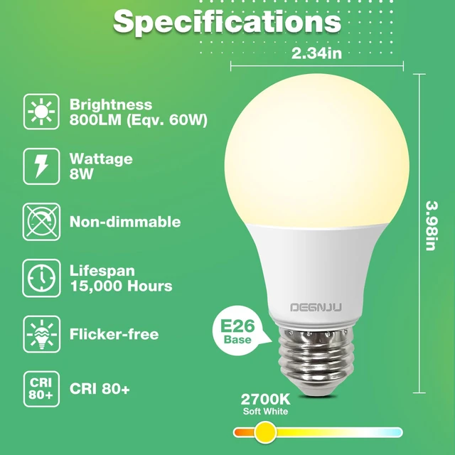 Alt view image 3 of 6 - DEGNJU A19 LED Light Bulbs, 60W Equivalent, Soft White 2700K, 800 Lumens, E26 Base, Non-Dimmable, 8W, for Bedroom Living Room, 3 Pack