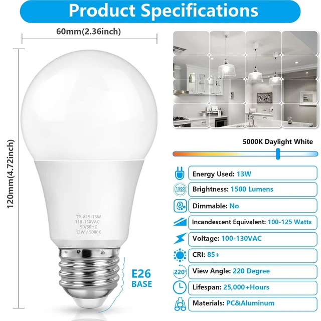 Alt view image 5 of 6 - MAXvolador A19 LED Light Bulbs, 100W Equivalent, 1500LM, 5000K Daylight White, E26, Non-Dimmable, 13W, 4-Pack