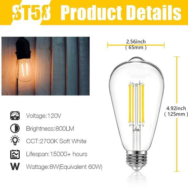 Alt view image 4 of 7 - DAYBETTER 4 Pack ST58 Vintage LED Edison Bulbs, E26 Dimmable 60W Equivalent, 800LM Warm White 2700K, Clear Glass