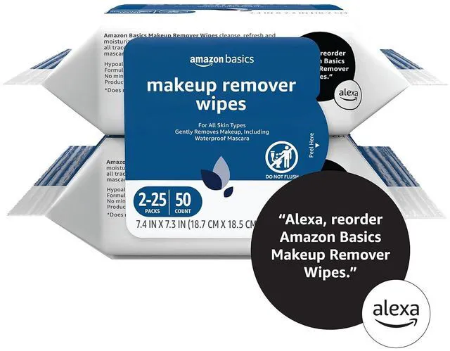 Alt view image 2 of 5 - Amazon Basics Makeup Remover Wipes, 25 Count (2-Pack), Gentle Cleansing, pH-Balanced, Plant Based, Alcohol-Free, Dermatologist Tested, Removes Waterproof Mascara