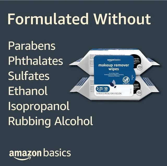 Alt view image 3 of 5 - Amazon Basics Makeup Remover Wipes, 25 Count (2-Pack), Gentle Cleansing, pH-Balanced, Plant Based, Alcohol-Free, Dermatologist Tested, Removes Waterproof Mascara
