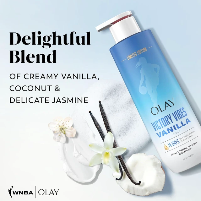 Alt view image 6 of 7 - Olay Body Wash WNBA, Intensely Hydrating, Hyaluronic Acid Serum, Vitamin B3 Complex, All Skin Types, Victory Vibes Vanilla Scent, 20fl oz