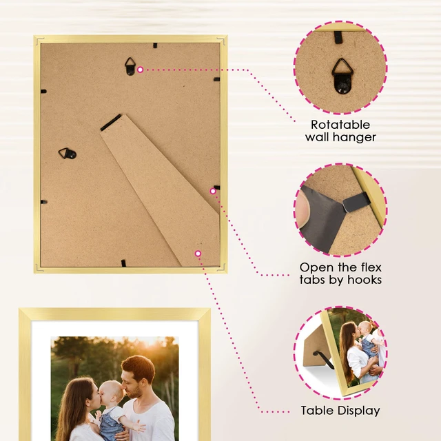 Alt view image 4 of 6 - FIXSMITH 8x10 Picture Frame Set of 2, Gold, Collage for Tabletop or Wall Display, HD Plexiglass, Display 5x7 with Mat or 8x10 Without Mat