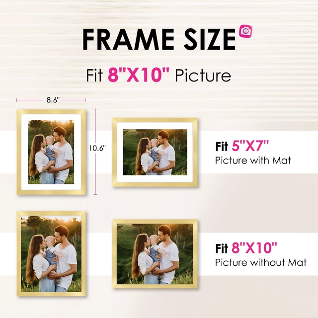 Alt view image 3 of 6 - FIXSMITH 8x10 Picture Frame Set of 2, Gold, Collage for Tabletop or Wall Display, HD Plexiglass, Display 5x7 with Mat or 8x10 Without Mat
