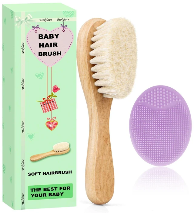Main image of Baby Hair Brush & Purple Cradle Cap Brush Set for Newborns Toddlers, Wooden with Soft Goat Bristle, 2PCS