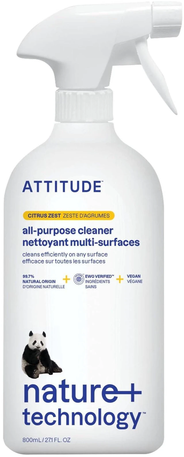 Main image of ATTITUDE All Purpose Cleaner Spray, Citrus Zest Scent, 27.1 Fl Oz, EWG Verified, Vegan, 94% Plant-Based Ingredients, Streak-Free for Kitchen, Bathroom, Glass & More