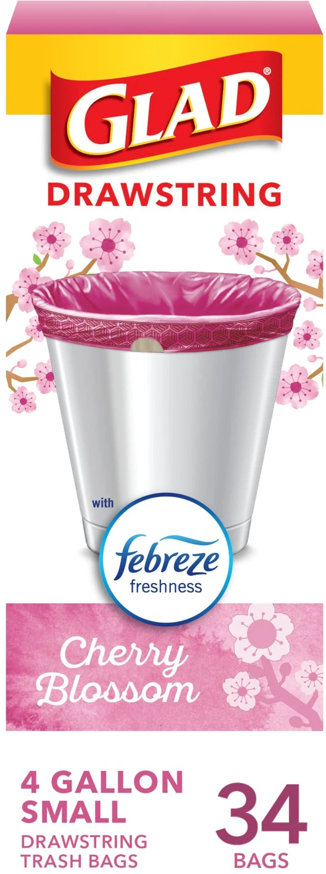 Main image of Glad Small Trash Bags 4 Gallon, Febreze Cherry Blossom, Odor Resistant with Drawstring, 34 Count