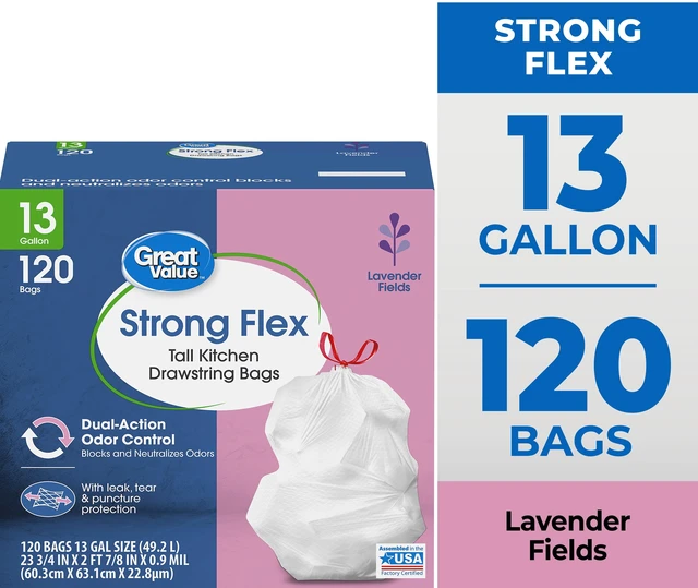 Main image of Great Value Strong Flex 13-Gallon Drawstring Tall Kitchen Trash Bags, Lavender Fields, 120 Bags