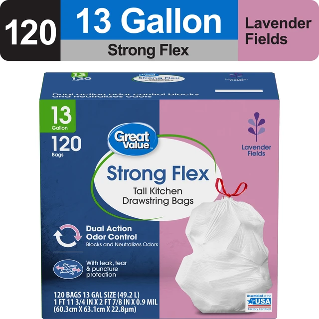 Alt view image 2 of 6 - Great Value Strong Flex 13-Gallon Drawstring Tall Kitchen Trash Bags, Lavender Fields, 120 Bags