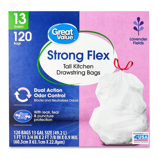 Alt view image 6 of 6 - Great Value Strong Flex 13-Gallon Drawstring Tall Kitchen Trash Bags, Lavender Fields, 120 Bags