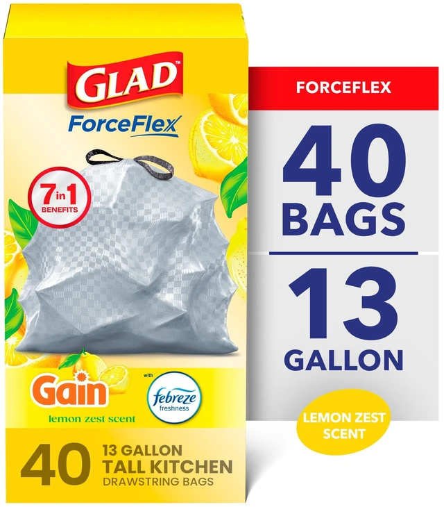 Main image of Glad ForceFlex 13-Gallon Drawstring Tall Kitchen Trash Bags, Gain Lemon Zest Scent, 40 Count