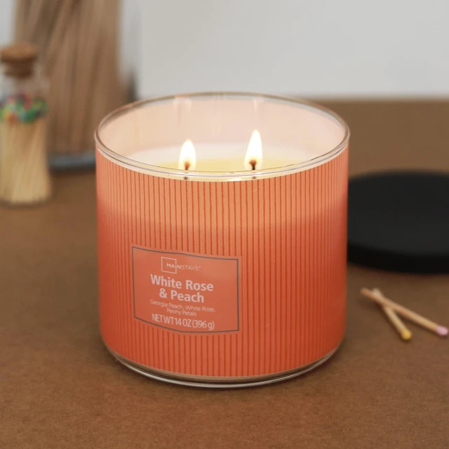 Main image of Mainstays White Rose and Peach 3-Wick Textured Wrap Candle, 14 oz