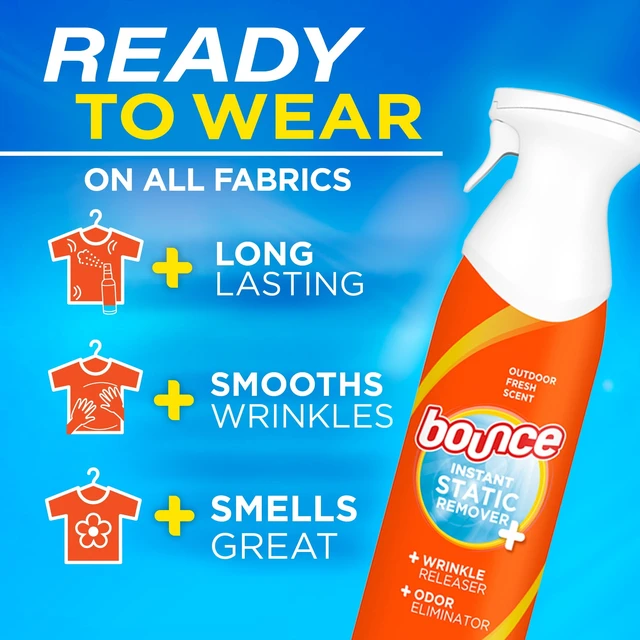 Alt view image 2 of 6 - Bounce Rapid Touch-Up 3-in-1 Static Remover, Wrinkle Releaser, Fabric Refreshing Odor Eliminator, Fresh Scent, 9.7 oz