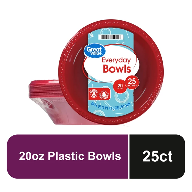 Alt view image 3 of 7 - Great Value Everyday Disposable Plastic Bowls (3 Pack), 20 oz, Red, 25 Count
