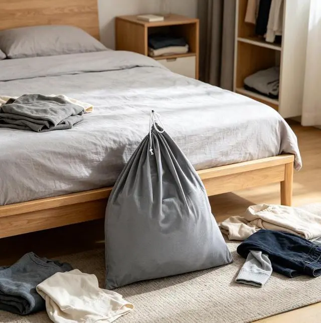 Alt view image 6 of 6 - Durable Drawstring Polyester Cotton Laundry Bag in Gray for Clothing Storage