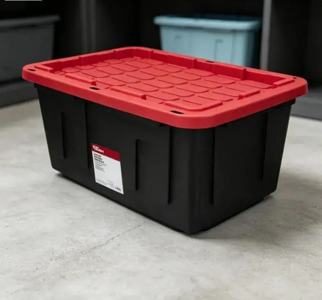 Main image of 27 Gallon Large Storage Bin with Snap Lid, Black and Red, Heavy Duty Plastic Storage Container