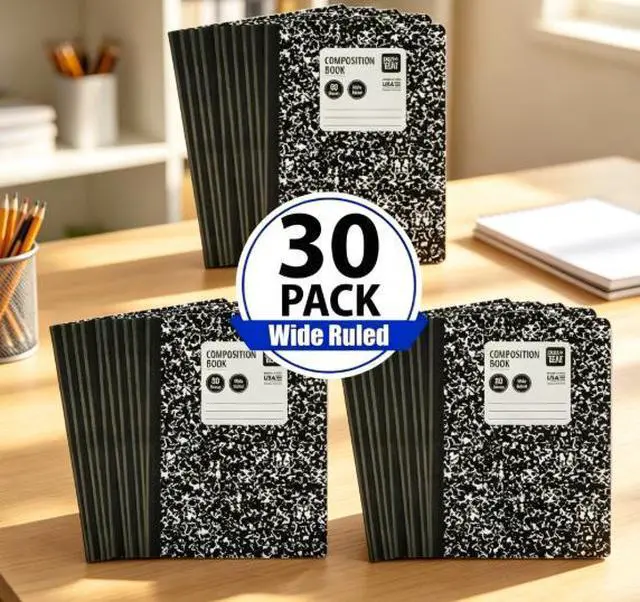 Main image of Wide Ruled Composition Book, 7.5" x 9.75", Black and White Marble, 80 Sheets, 30 Count Pack