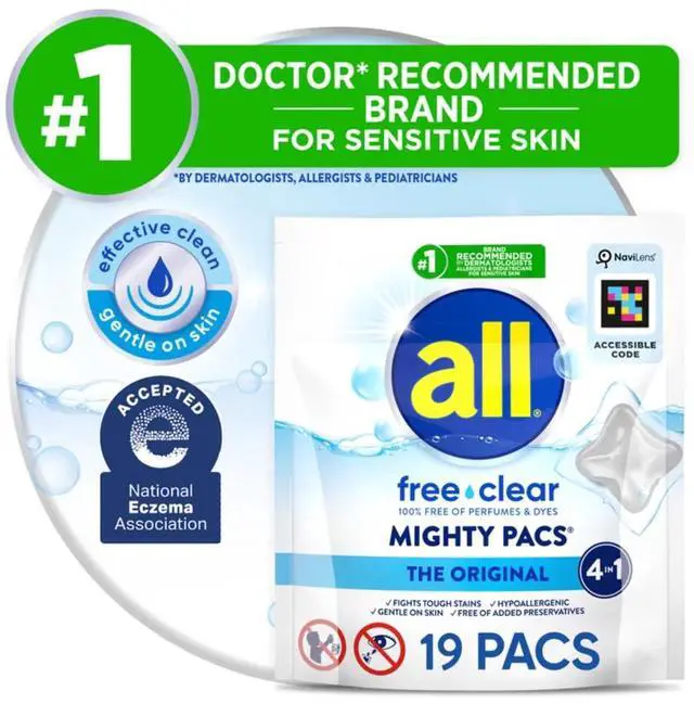 Main image of Unit Dose Laundry Detergent, Mighty Pacs, Free Clear, 19 Count
