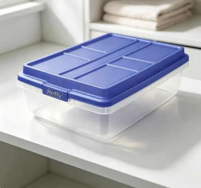 Main image of HI-RISE 40 Quart Medium Latching Storage Bin, Clear Plastic Storage Container with HI-RISE Latch Lid, Blue