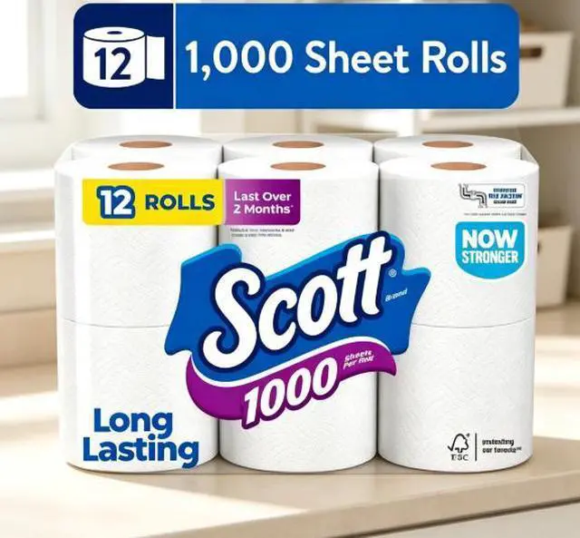 Main image of 1000 Toilet Paper, 12 Rolls, 1,000 Sheets per Roll