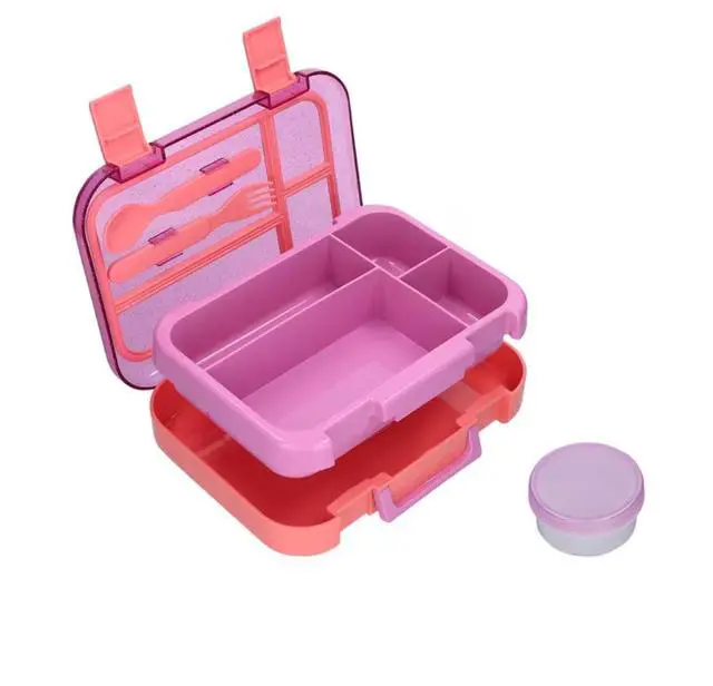 Alt view image 6 of 6 - Kids 4-Compartment Plastic Bento Box with Removable Tray, Fork, Spoon, and Dressing Container, Pink Glitter