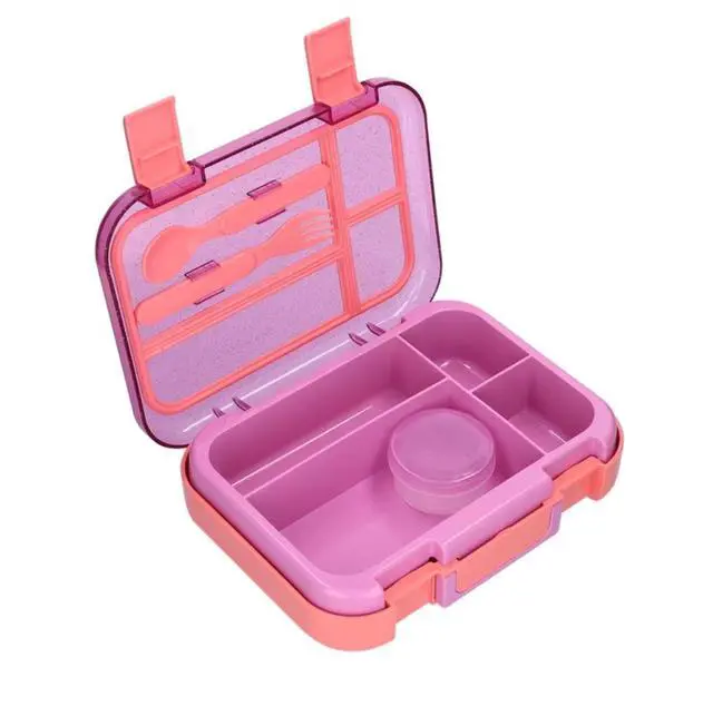 Alt view image 5 of 6 - Kids 4-Compartment Plastic Bento Box with Removable Tray, Fork, Spoon, and Dressing Container, Pink Glitter