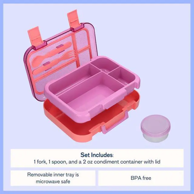 Alt view image 2 of 6 - Kids 4-Compartment Plastic Bento Box with Removable Tray, Fork, Spoon, and Dressing Container, Pink Glitter