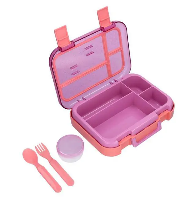 Alt view image 3 of 6 - Kids 4-Compartment Plastic Bento Box with Removable Tray, Fork, Spoon, and Dressing Container, Pink Glitter