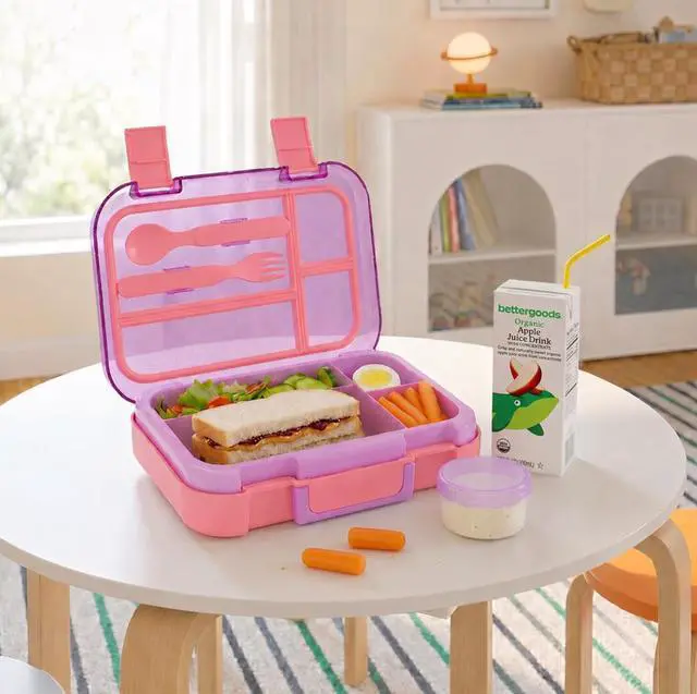 Main image of Kids 4-Compartment Plastic Bento Box with Removable Tray, Fork, Spoon, and Dressing Container, Pink Glitter